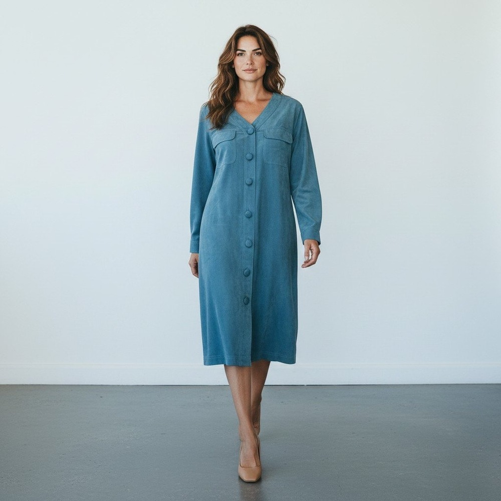 Victoria Soie Shirt Dress Women 8P‎ Teal Vintage Silk Long Sleeve Petite Pocket